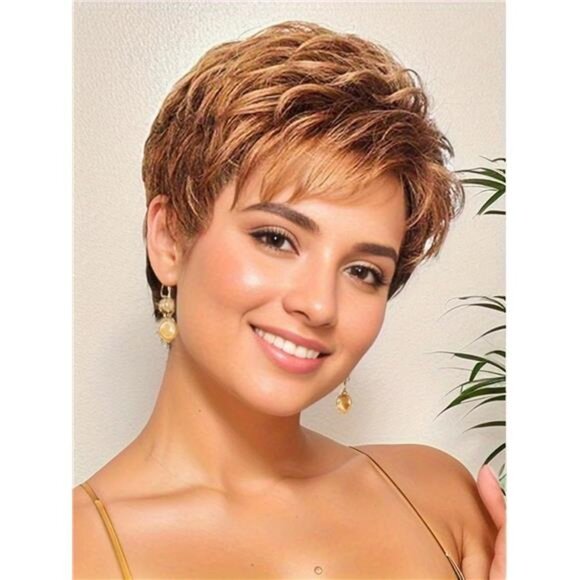 Short Orange Red Mixed Blonde Highlight Pixie Cut Wigs for White